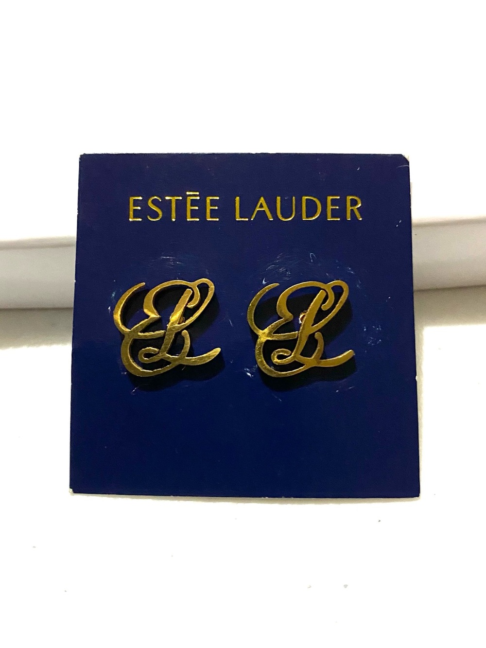Estée Lauder Gold-Tone Logo Script Stud Earrings Vintage Corporate Chic